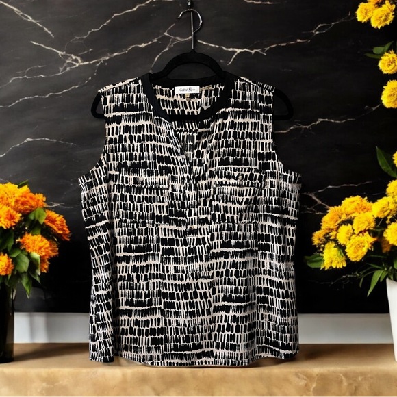 Calvin Klein Vintage Black & Tan Print Sleeveless Top - Picture 16 of 16